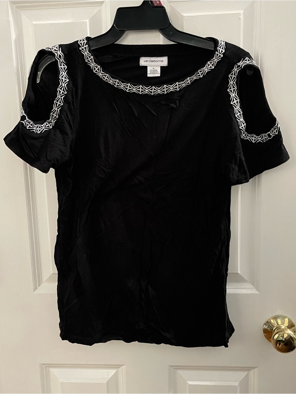 Liz Claiborne Black Cold-Shoulder Top with White Embroidery